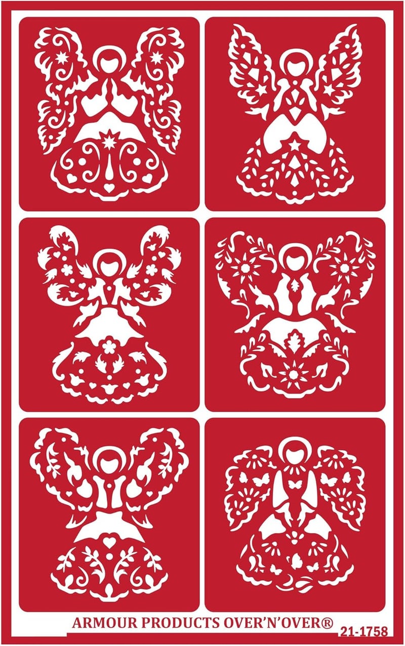 Over n Over Over'N'Over Reusable Glass Etching Stencils – Durable Self-Stick Designs for Glass, Mirrors, and Ceramics with Armour Etch Cream – 5” x 8” Stencil Sheet - Fancy Angels - Image 1